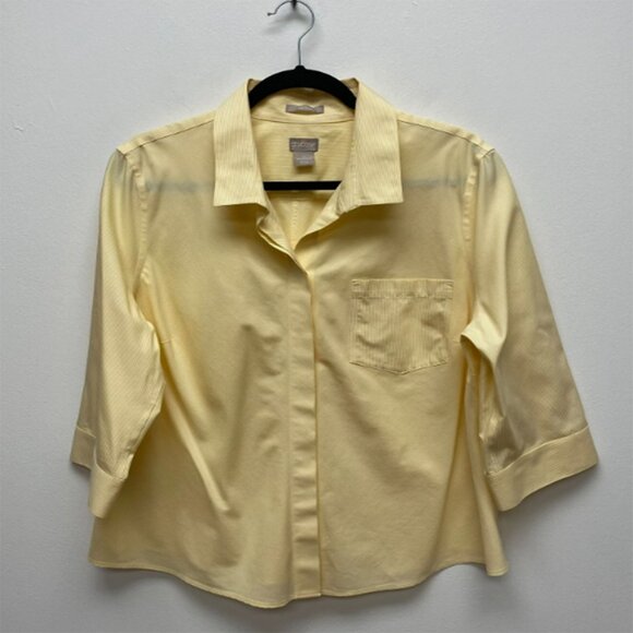 Chico's Tops - Chicos Women Yellow Pinstriped 3/4 Sleeve No Iron Button Up Career Shirt